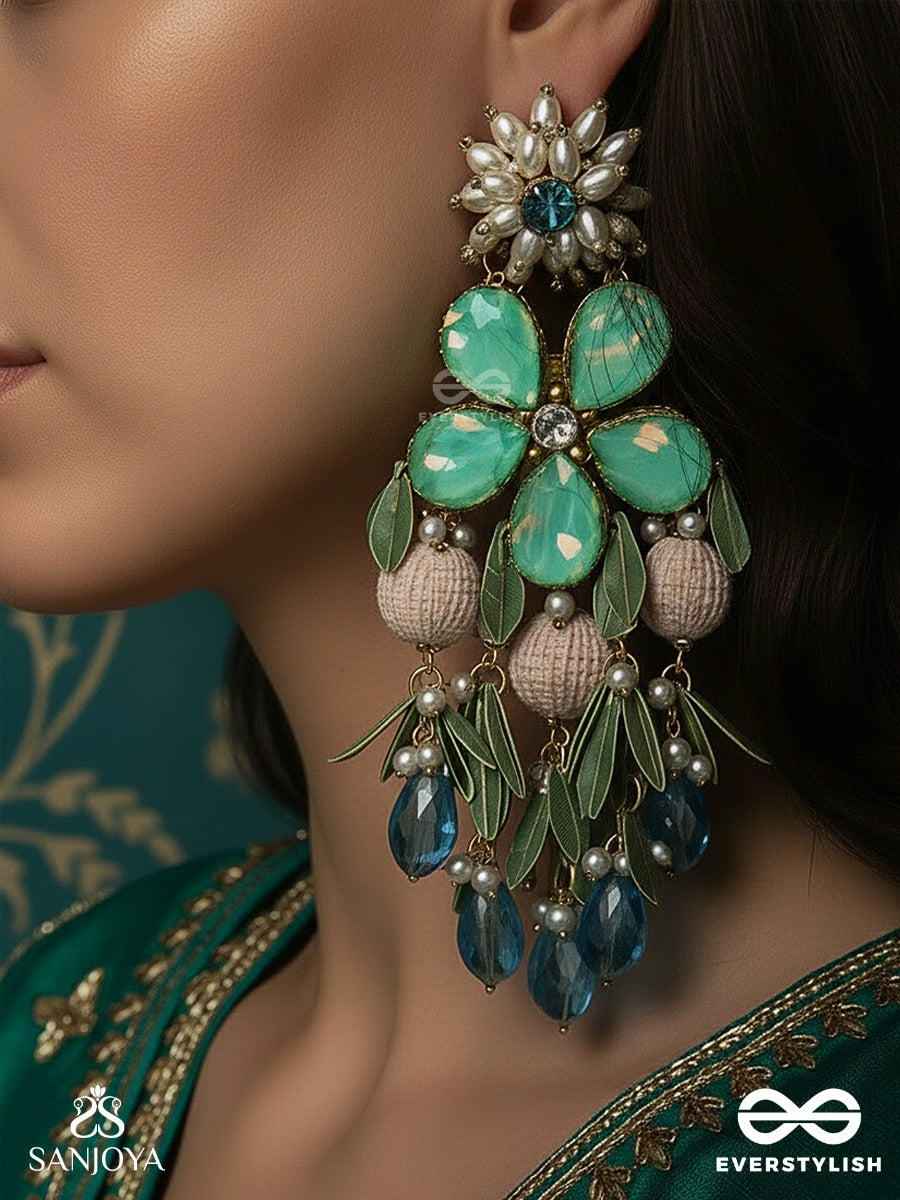 Neelpushpa - Blue Blossom Of The Sky - Floral Earrings With Mint Petal Stones And Sky-Blue Drop Accents