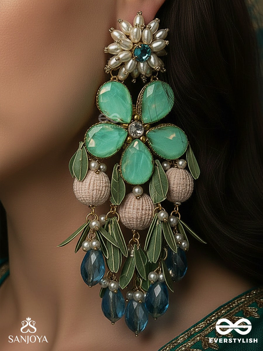 Neelpushpa - Blue Blossom Of The Sky - Floral Earrings With Mint Petal Stones And Sky-Blue Drop Accents