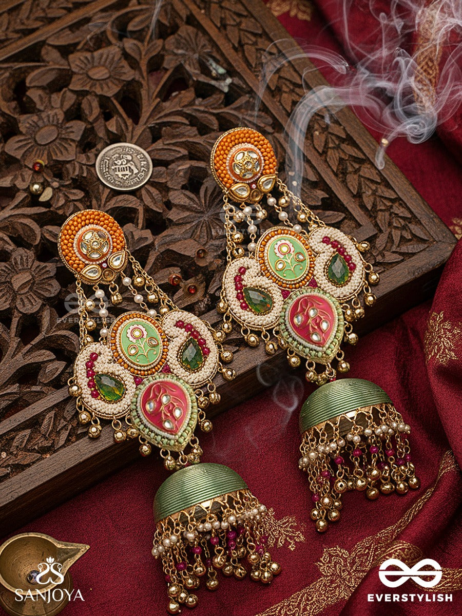 Devyanika - Divine Celebration - Ornamented Chandelier Earrings With Colour-Rich Panels And A Textured Dome Finish