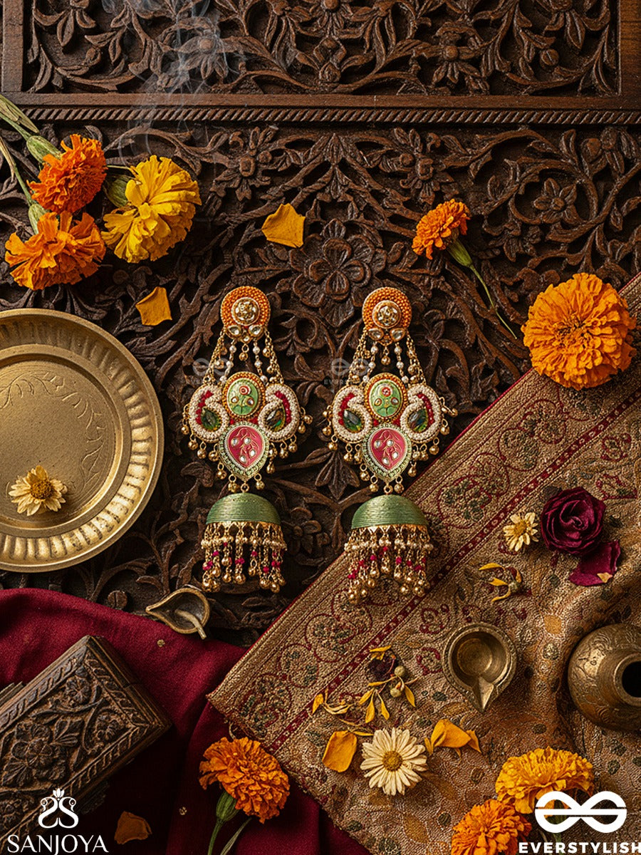 Devyanika - Divine Celebration - Ornamented Chandelier Earrings With Colour-Rich Panels And A Textured Dome Finish