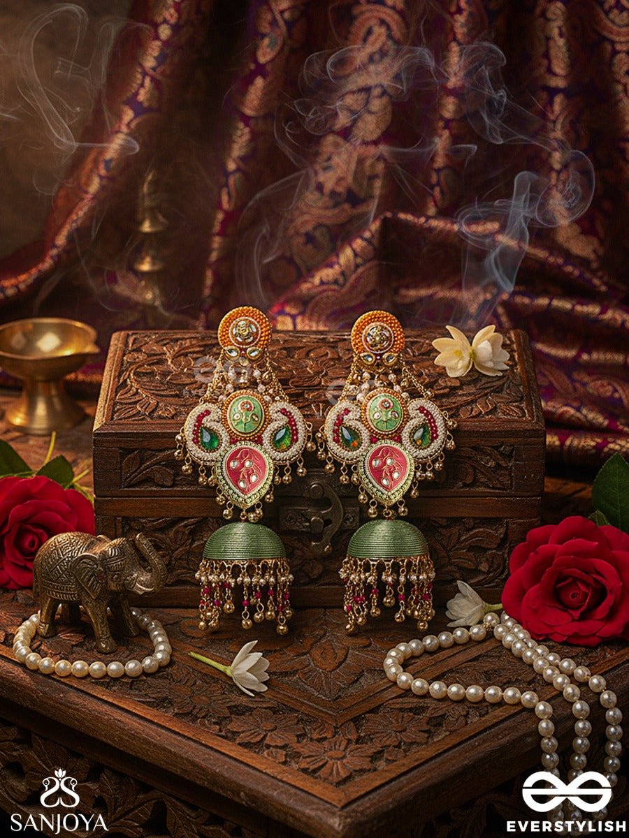 Devyanika - Divine Celebration - Ornamented Chandelier Earrings With Colour-Rich Panels And A Textured Dome Finish