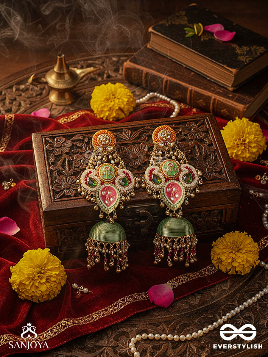 Devyanika - Divine Celebration - Ornamented Chandelier Earrings With Colour-Rich Panels And A Textured Dome Finish