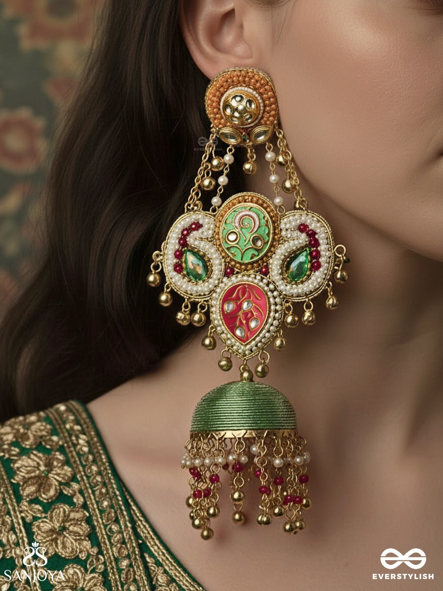 Devyanika - Divine Celebration - Ornamented Chandelier Earrings With Colour-Rich Panels And A Textured Dome Finish