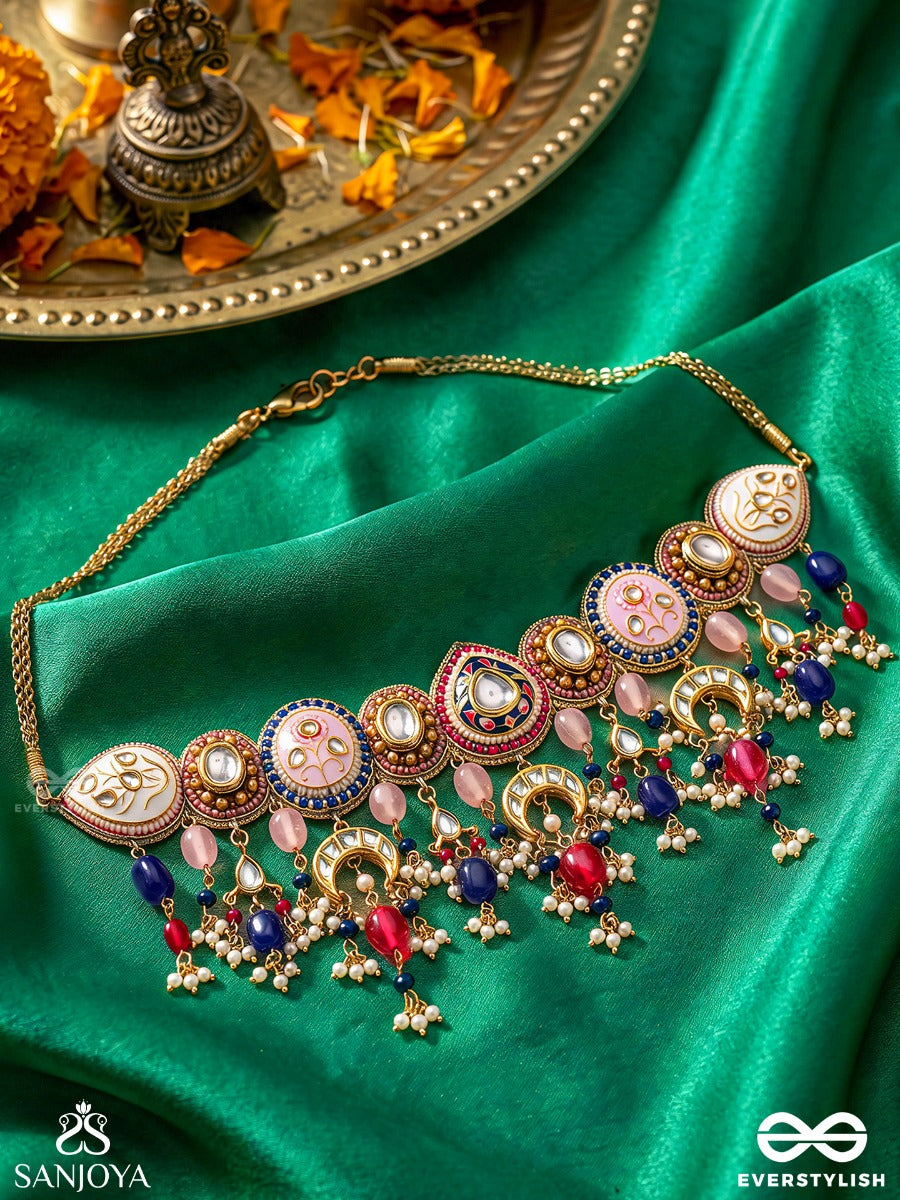 Manichitra - Jewelled Artistry - Ornate Neckpiece With Decorative Medallions And Bead Fringe