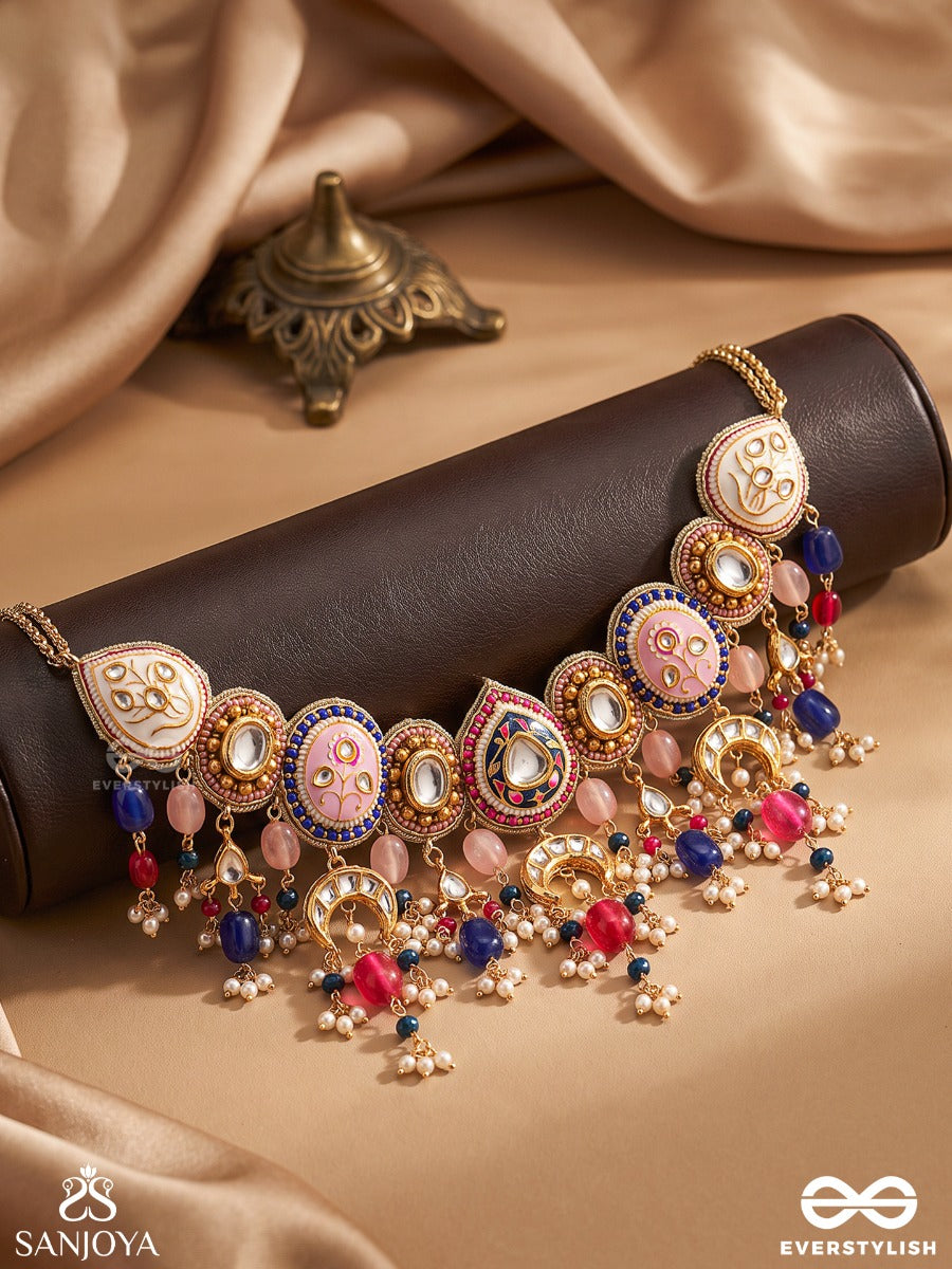 Manichitra - Jewelled Artistry - Ornate Neckpiece With Decorative Medallions And Bead Fringe