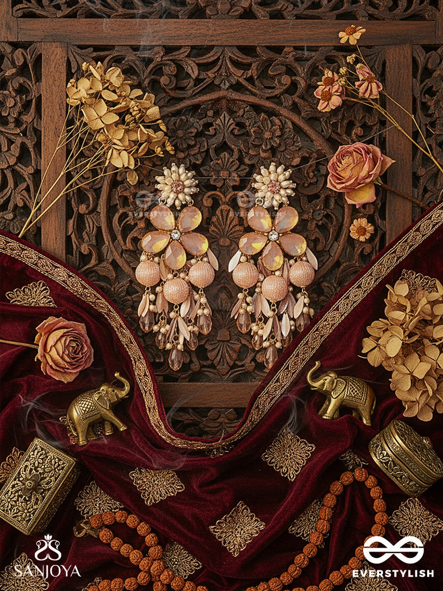 Gulroseena - Rose In Full Bloom - Statement Earrings With Petal-Shaped Stones And Gentle Peach-Toned Drops