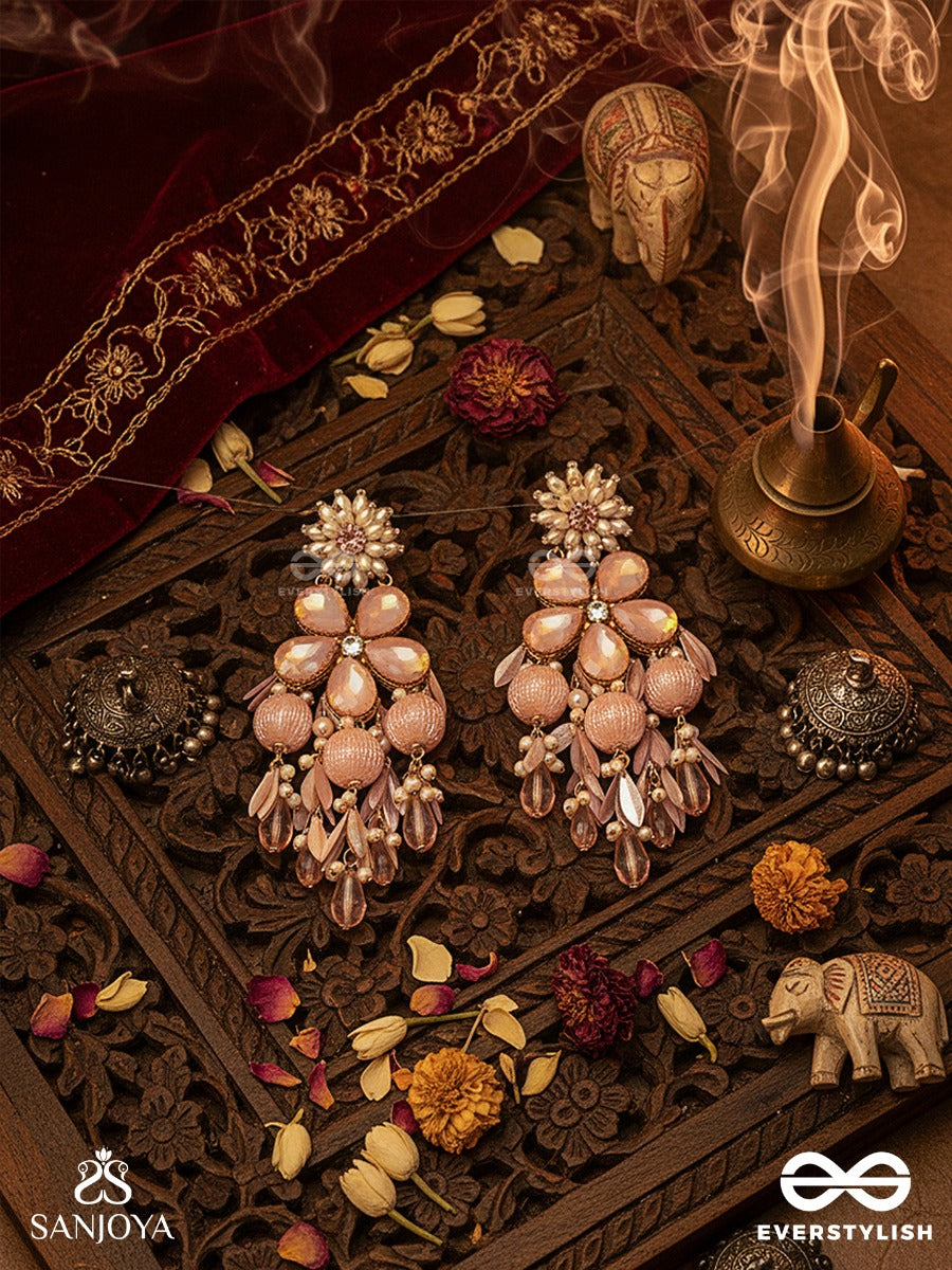 Gulroseena - Rose In Full Bloom - Statement Earrings With Petal-Shaped Stones And Gentle Peach-Toned Drops