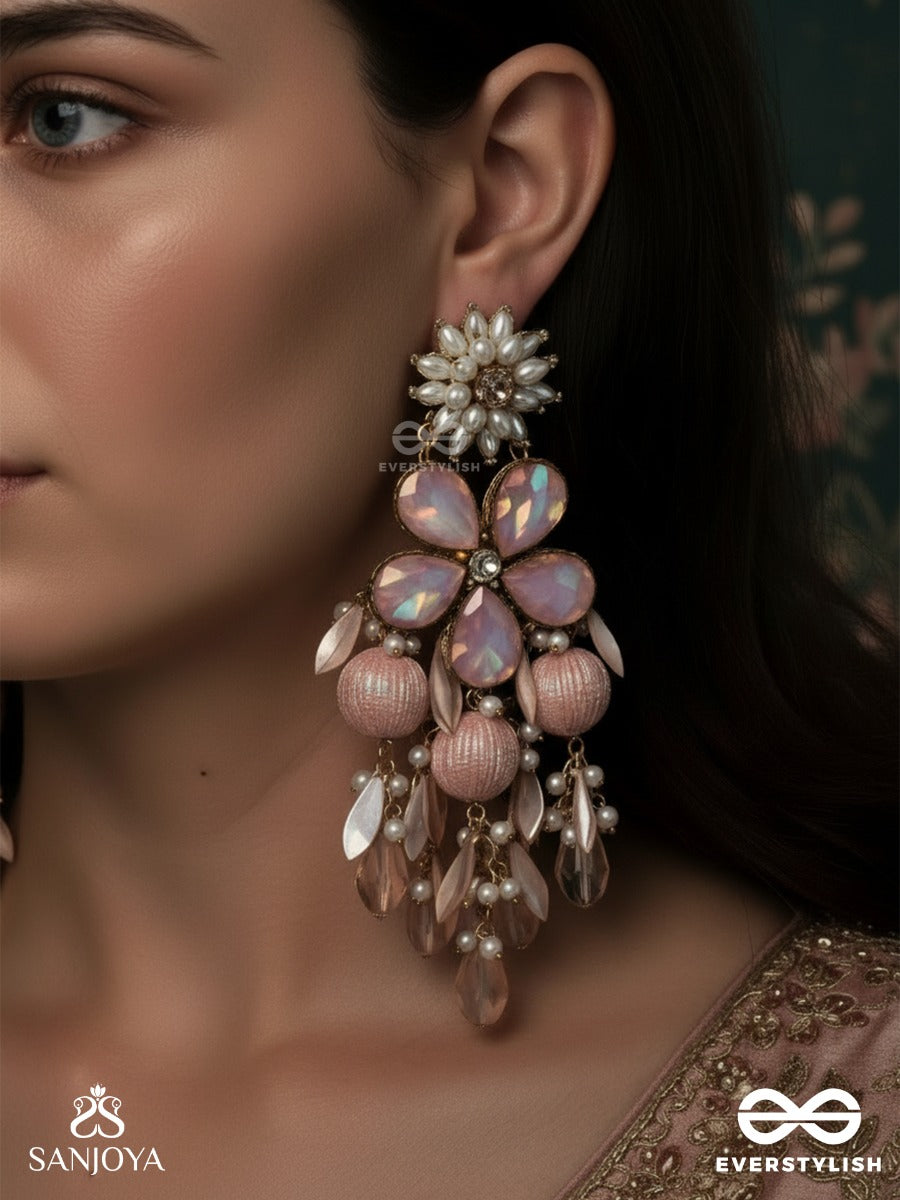 Gulroseena - Rose In Full Bloom - Statement Earrings With Petal-Shaped Stones And Gentle Peach-Toned Drops