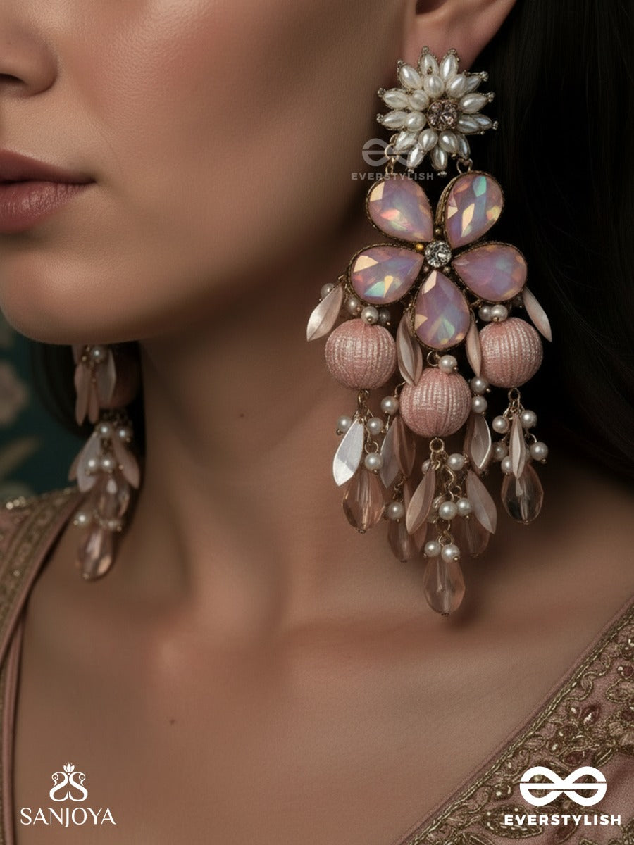 Gulroseena - Rose In Full Bloom - Statement Earrings With Petal-Shaped Stones And Gentle Peach-Toned Drops