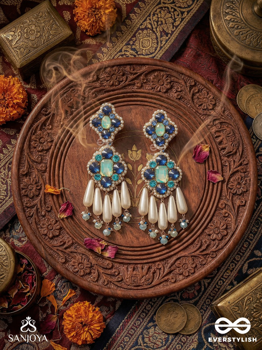 Neelkamini - Sapphire Bloom - Floral Statement Earrings With Sapphire-Tone Clusters And Ivory Drop Accents