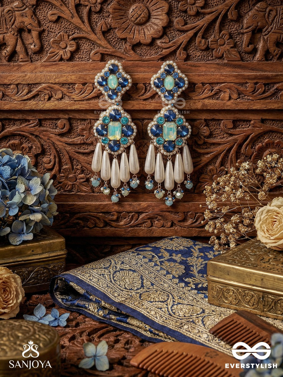 Neelkamini - Sapphire Bloom - Floral Statement Earrings With Sapphire-Tone Clusters And Ivory Drop Accents