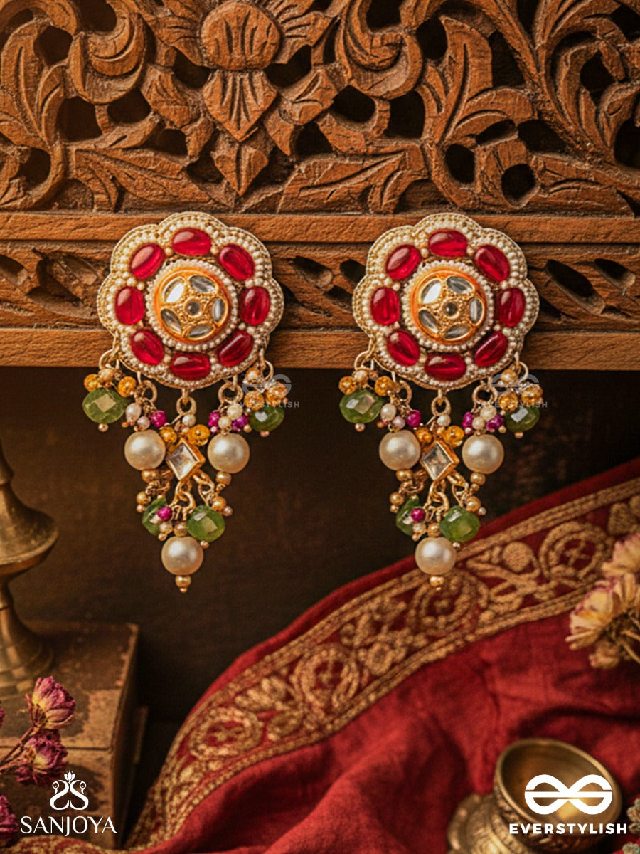 Rudravali - Crimson Bloom - Floral Kundan Earrings With Red Stone Petals, Pearl Clusters And Green Bead Drops