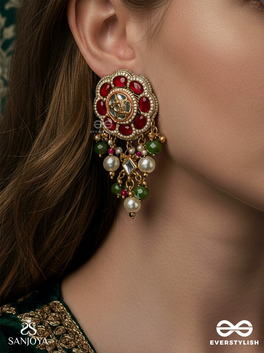 Rudravali - Crimson Bloom - Floral Kundan Earrings With Red Stone Petals, Pearl Clusters And Green Bead Drops