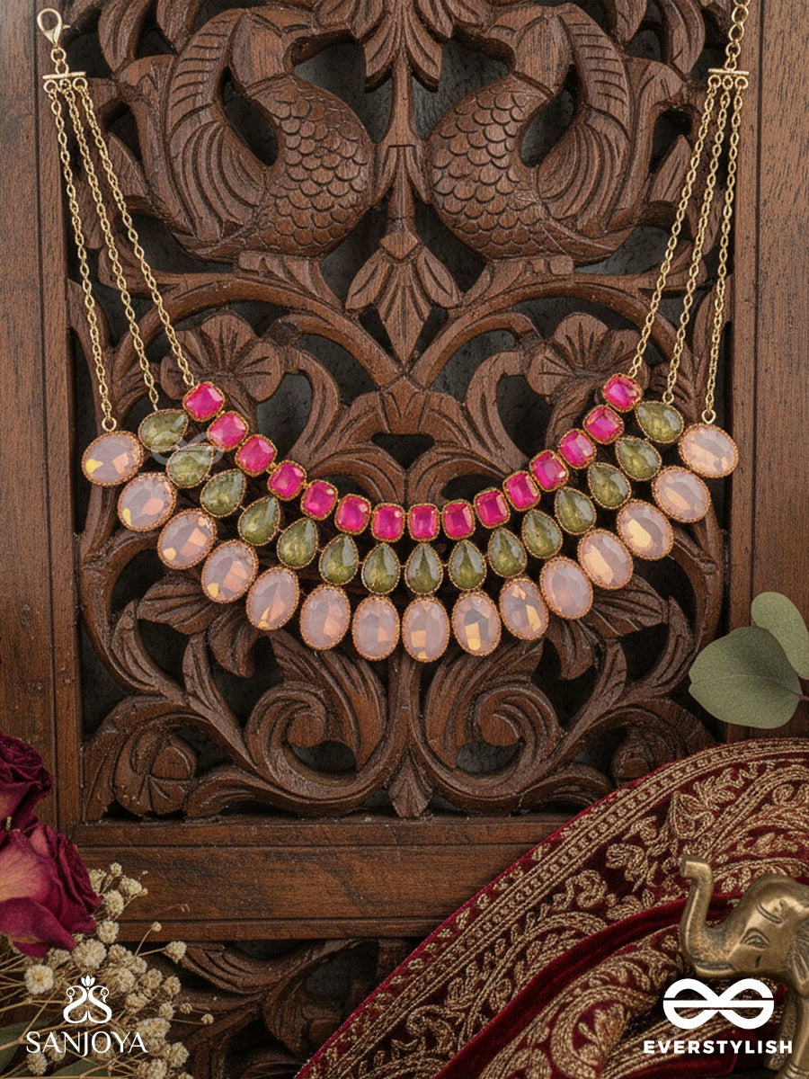 Gulbaharaa - Garden In Blossom - Colour-Rich Collar Necklace With Pink Stone Layers And Textured Green Elements