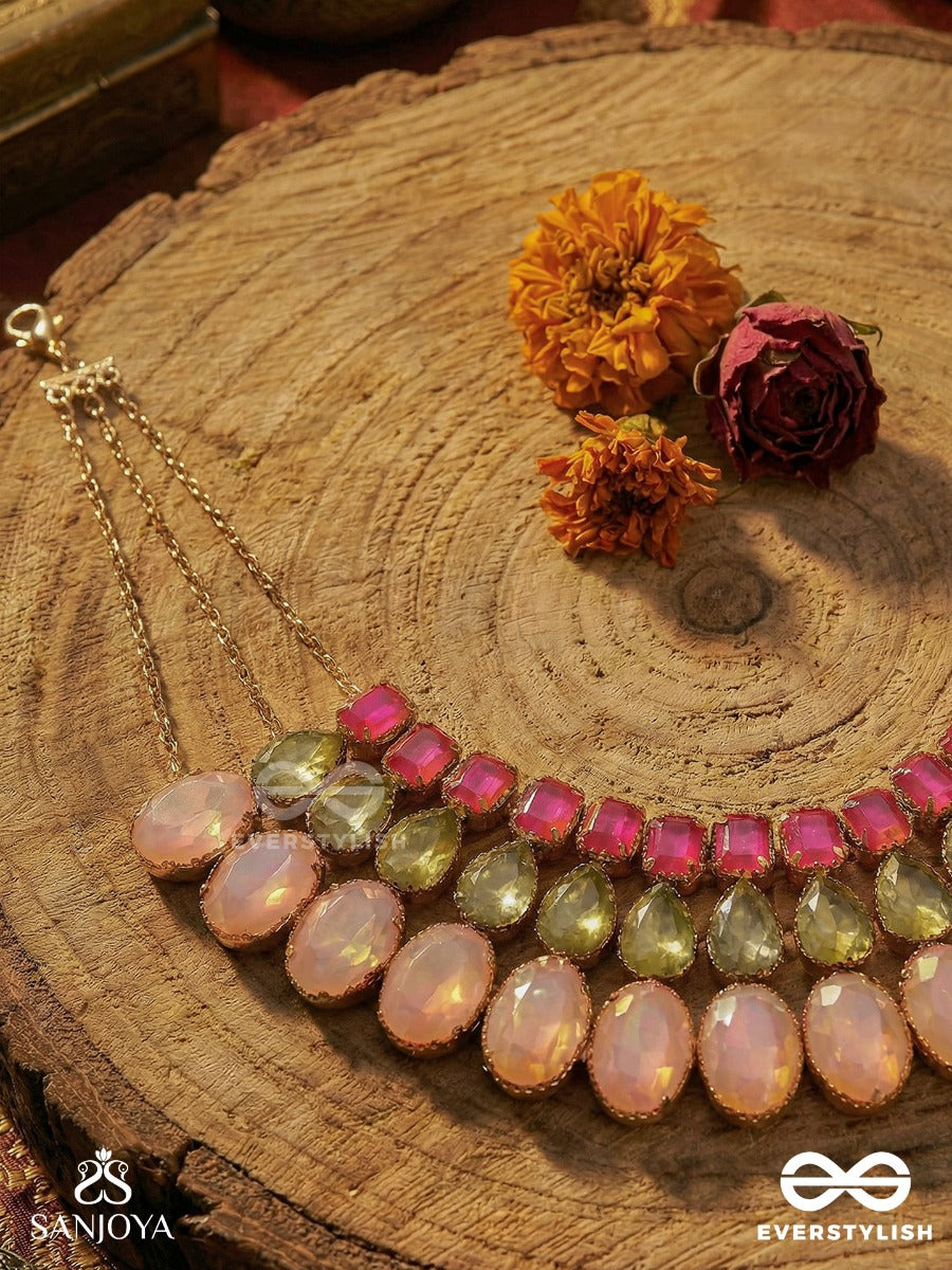 Gulbaharaa - Garden In Blossom - Colour-Rich Collar Necklace With Pink Stone Layers And Textured Green Elements