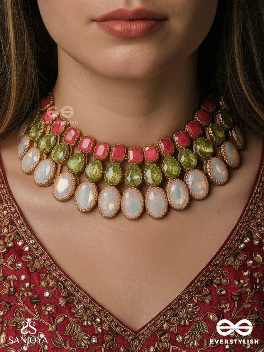Gulbaharaa - Garden In Blossom - Colour-Rich Collar Necklace With Pink Stone Layers And Textured Green Elements