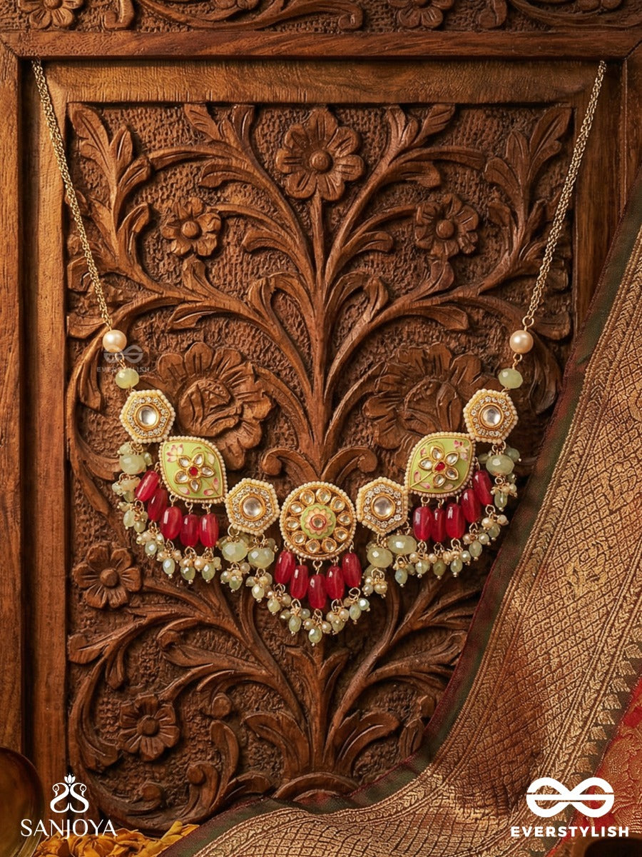 Saumitra - Gentle Radiance - Kundan Necklace With Floral Medallions And Red Drop Accents