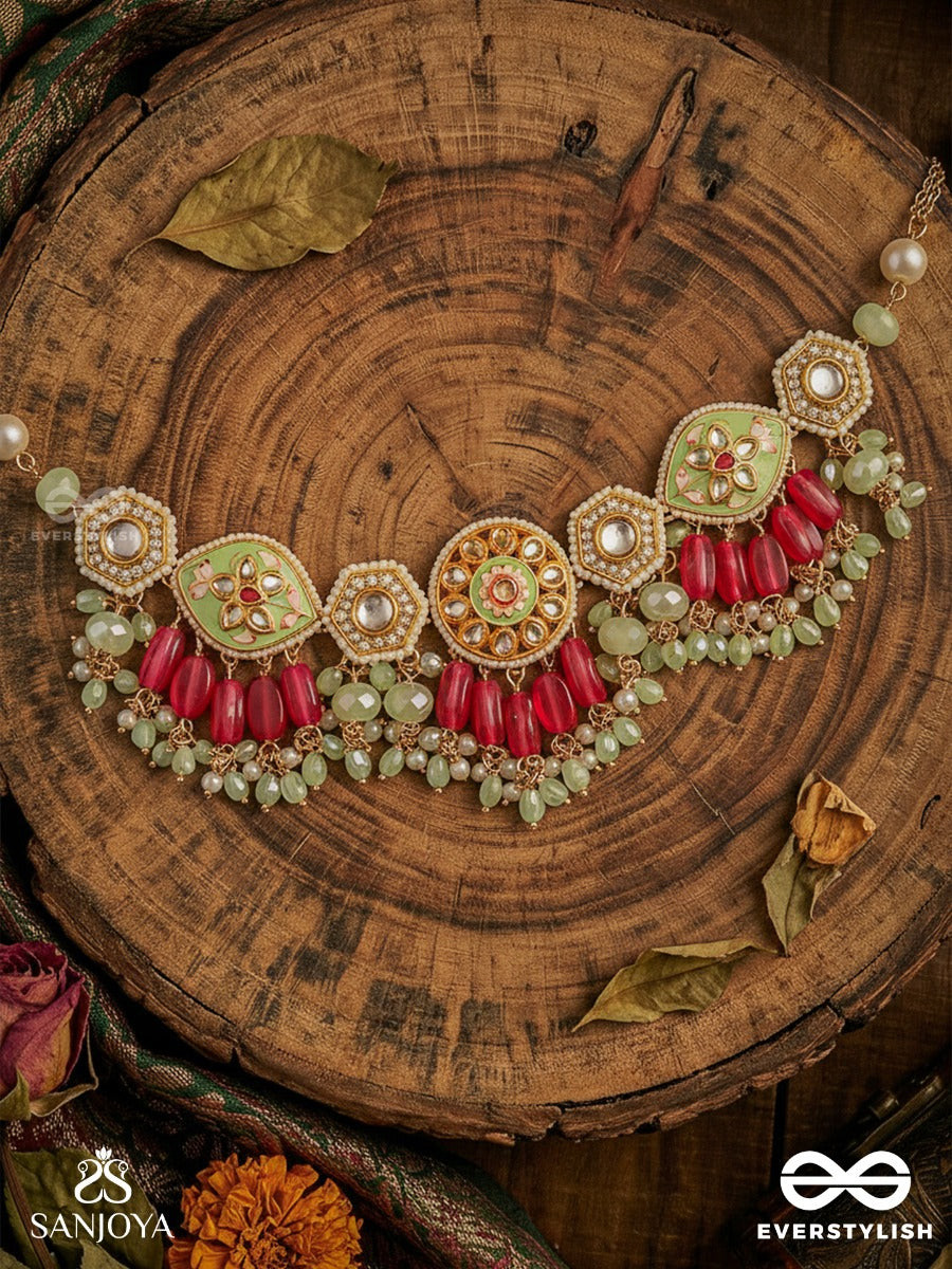 Saumitra - Gentle Radiance - Kundan Necklace With Floral Medallions And Red Drop Accents