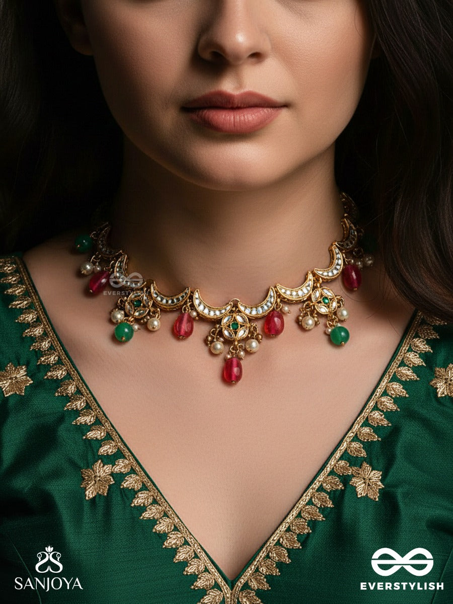Shravani - Monsoon Splendour - Handcrafted Kundan Necklace With Red And Green Accent Drops