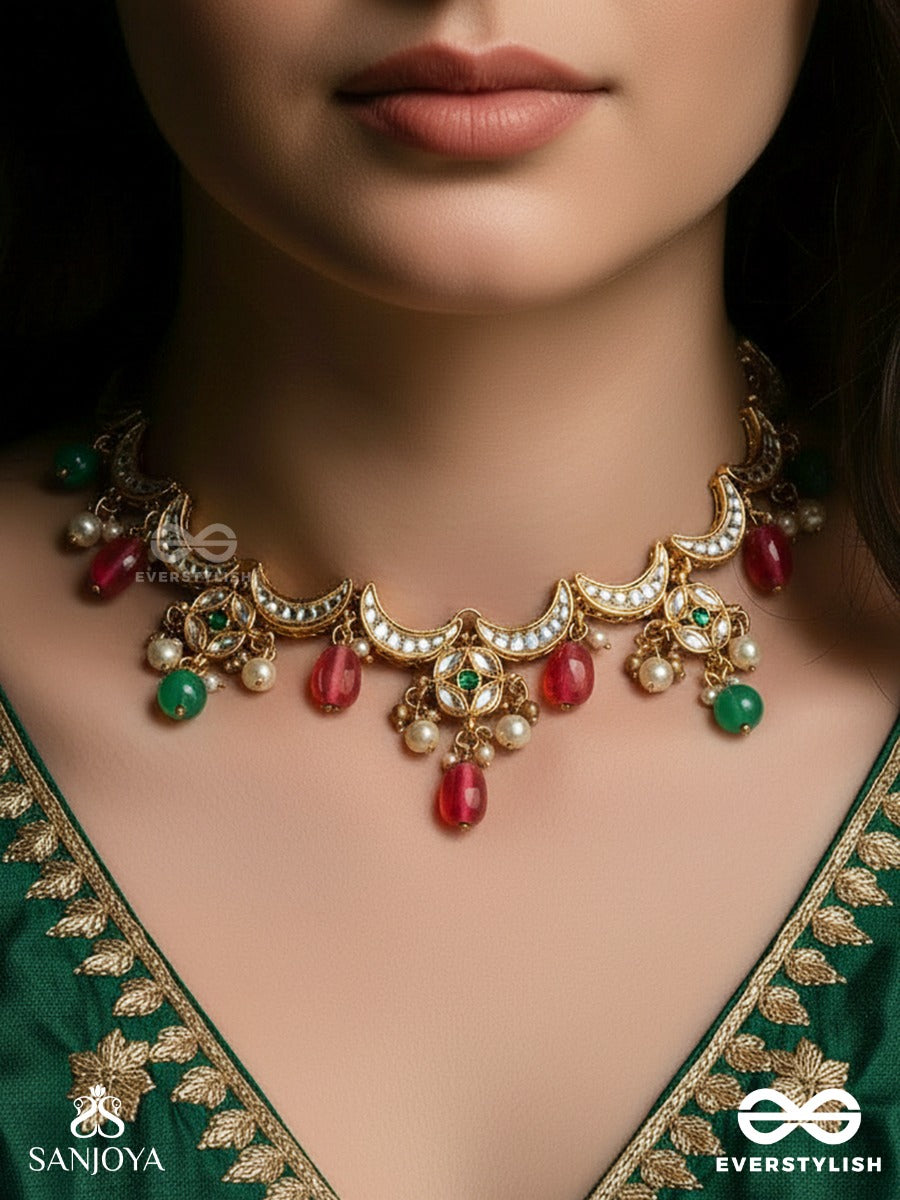 Shravani - Monsoon Splendour - Handcrafted Kundan Necklace With Red And Green Accent Drops