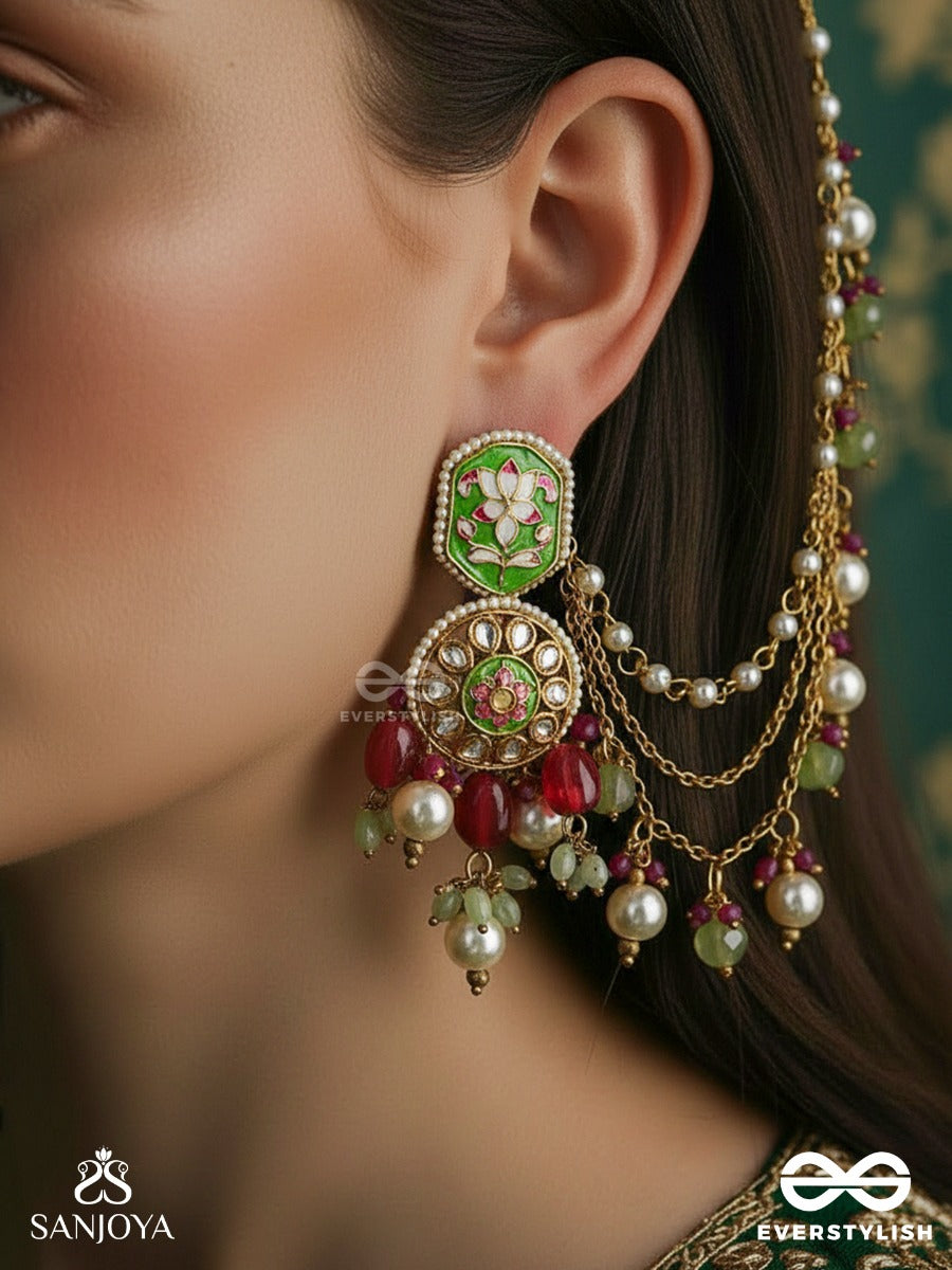 Vaibhavi - Regal Splendour - Statement Kundan Chain Earrings With Pink Accents And Pearl Drop Chains