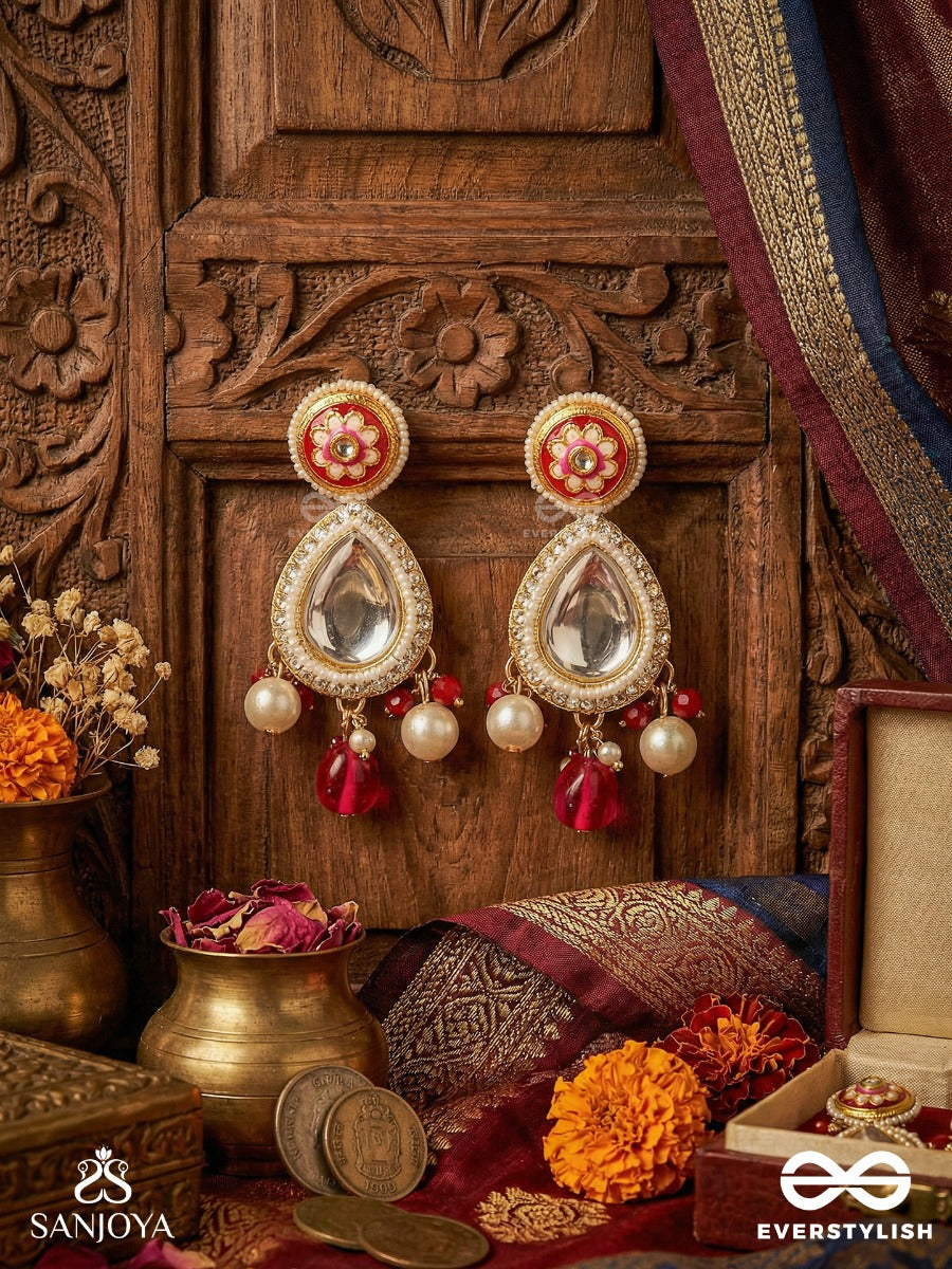 Rudranisha - Crimson Twilight - Ornate Kundan Earrings With Mirror Drop And Pearl Hangings