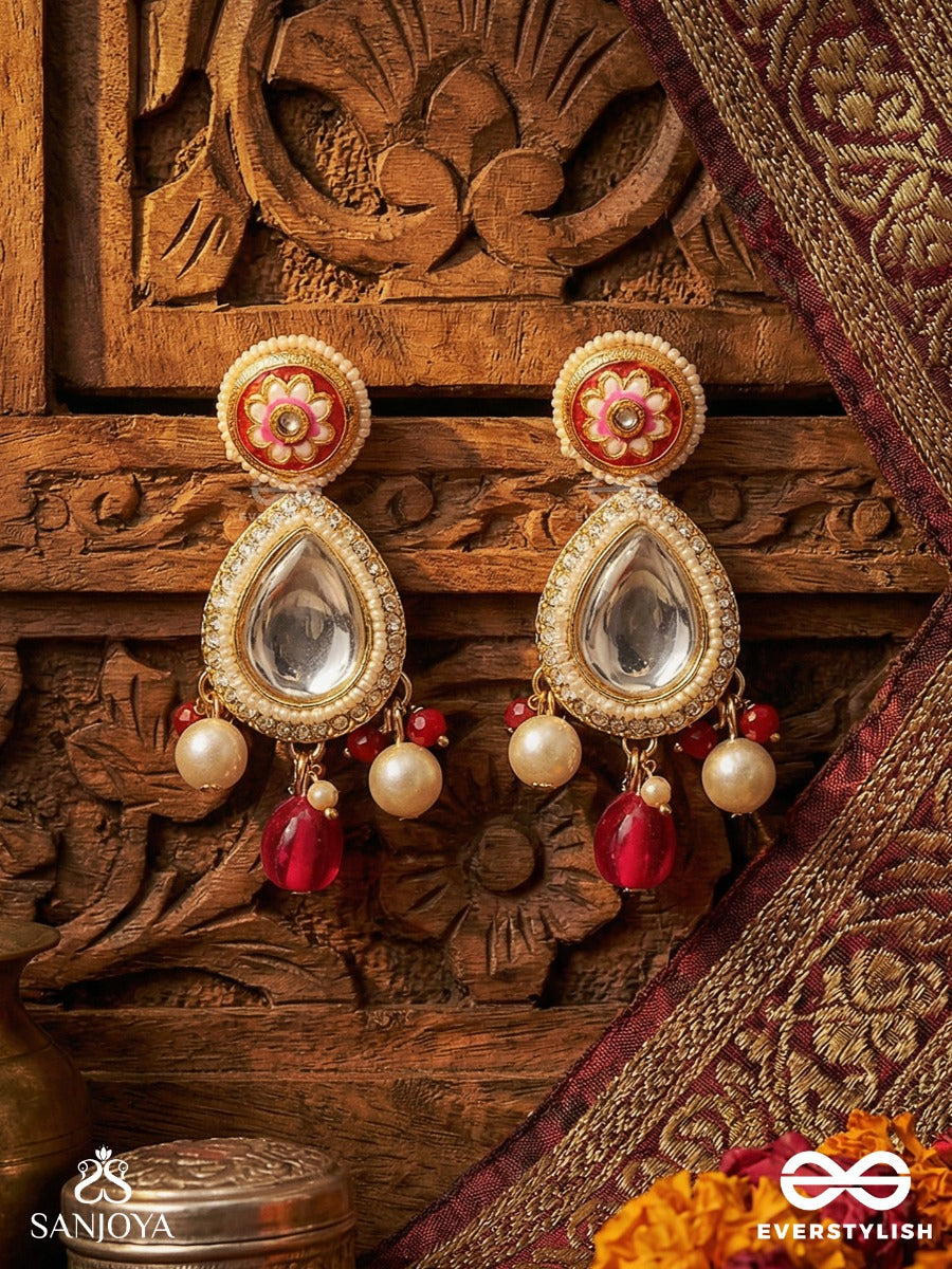 Rudranisha - Crimson Twilight - Ornate Kundan Earrings With Mirror Drop And Pearl Hangings