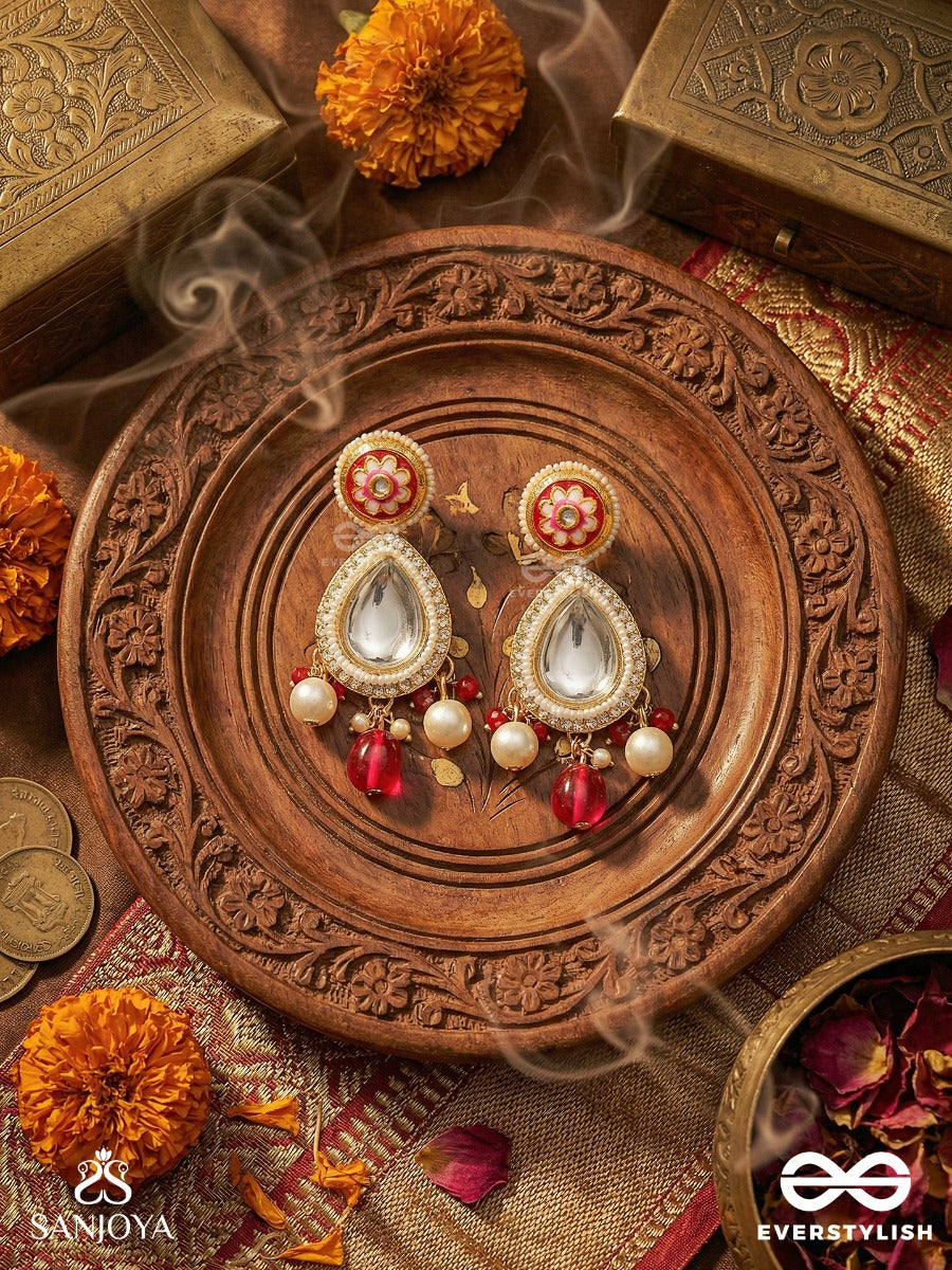 Rudranisha - Crimson Twilight - Ornate Kundan Earrings With Mirror Drop And Pearl Hangings