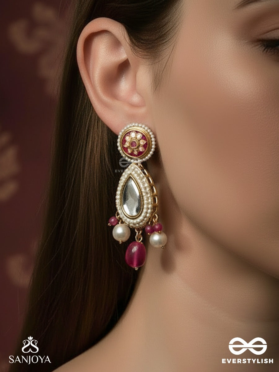 Rudranisha - Crimson Twilight - Ornate Kundan Earrings With Mirror Drop And Pearl Hangings