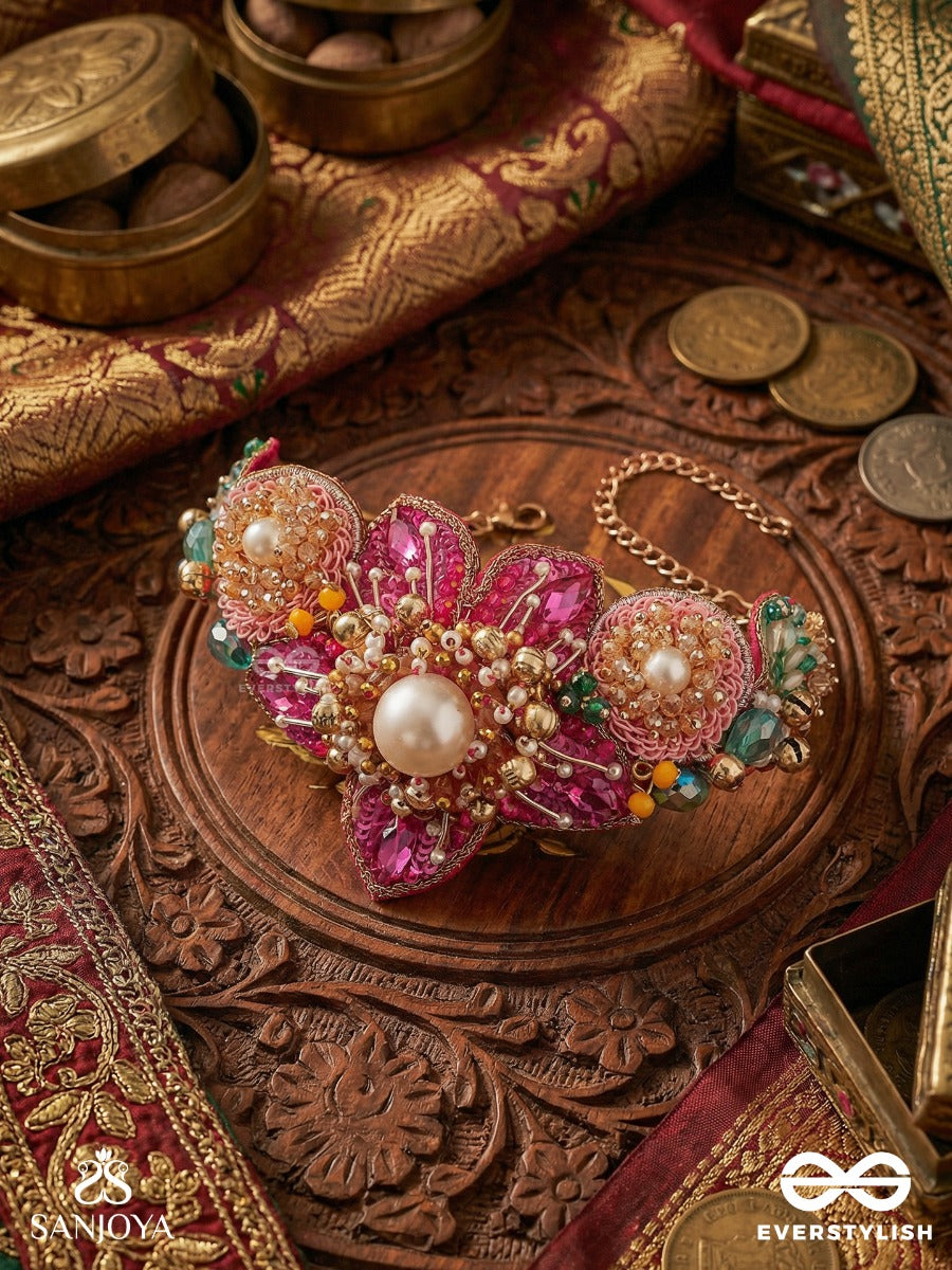 Anuraagini - Crimson Charm - Handcrafted Hair Bun Accessory With Pink Embroidered Petals And Pearl Accents