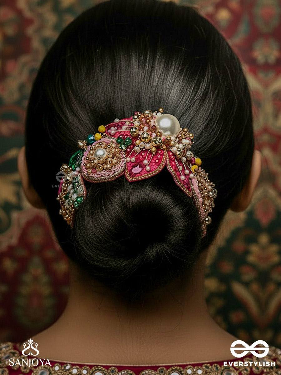 Anuraagini - Crimson Charm - Handcrafted Hair Bun Accessory With Pink Embroidered Petals And Pearl Accents