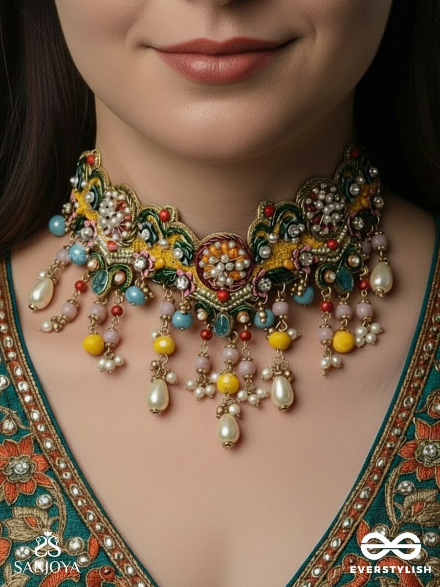 Chitrasraya - Abode Of Art - Multicolour Kundan Necklace With Meenakari Panels And Pearl Drop Fringes