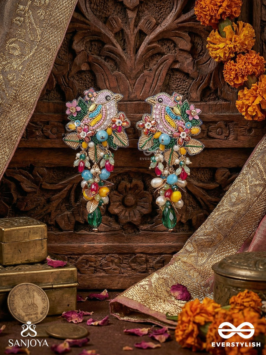 Pankhurika - Winged Bloom - Ornate Bird Design Earrings With Floral Details And Colourful Hangings