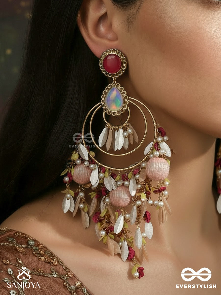 Anindita - Flawless Ornament - Statement Earrings With Peach Stone Top And Multi-Layer Drop Cascade