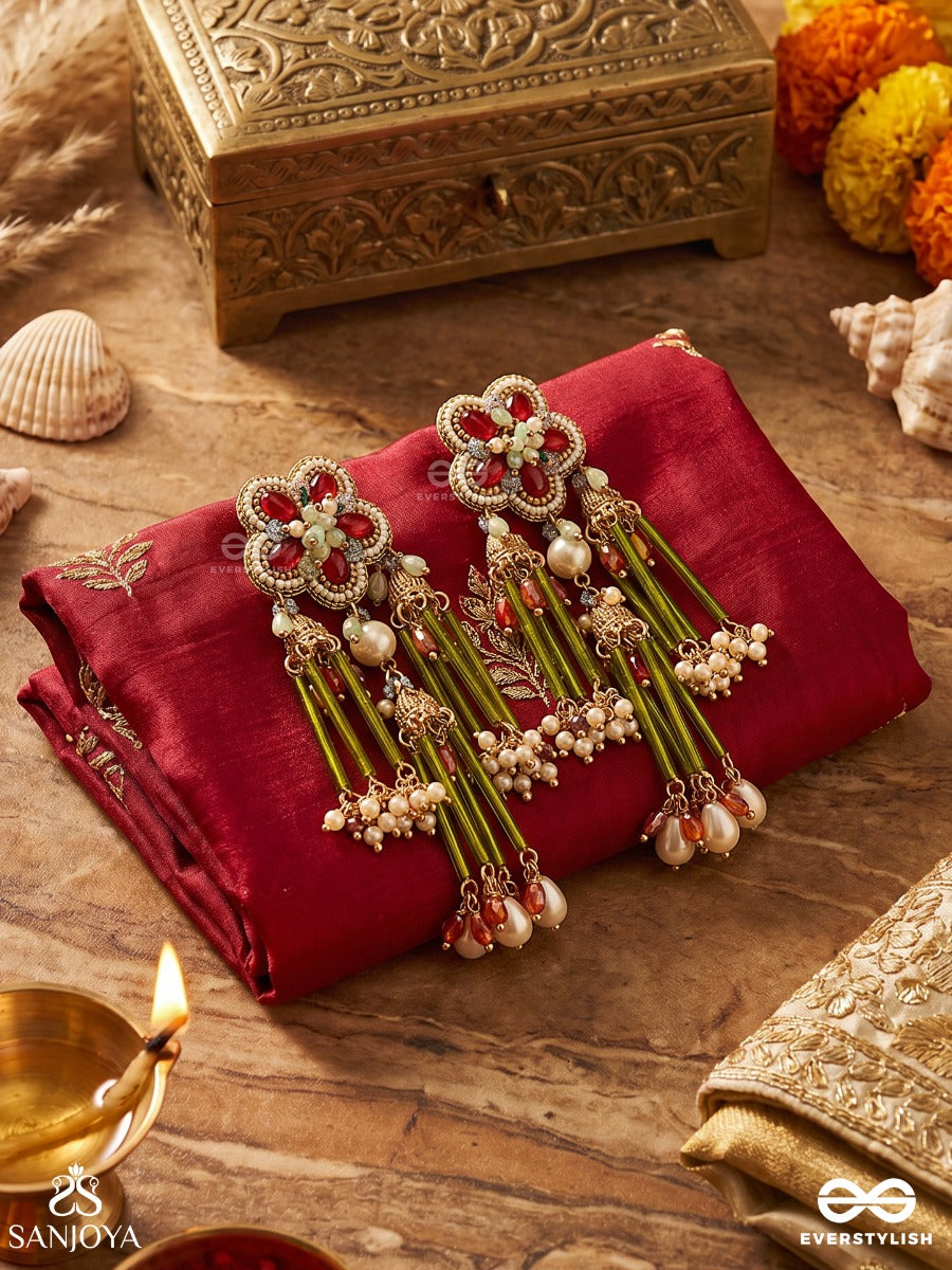 Patralika - Leafed Ornament - Floral Motif Earrings With Green Tube Tassel Drops And Pearl Accents
