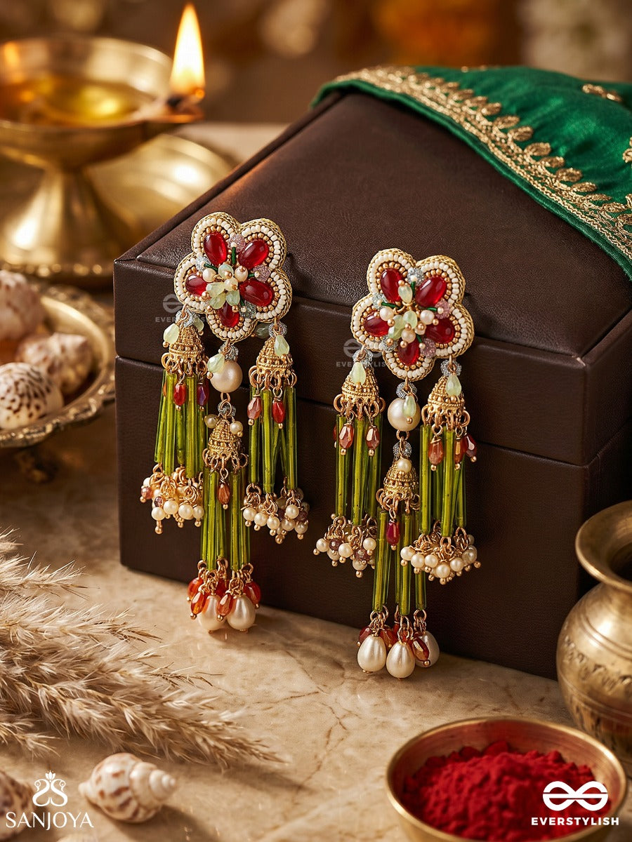 Patralika - Leafed Ornament - Floral Motif Earrings With Green Tube Tassel Drops And Pearl Accents