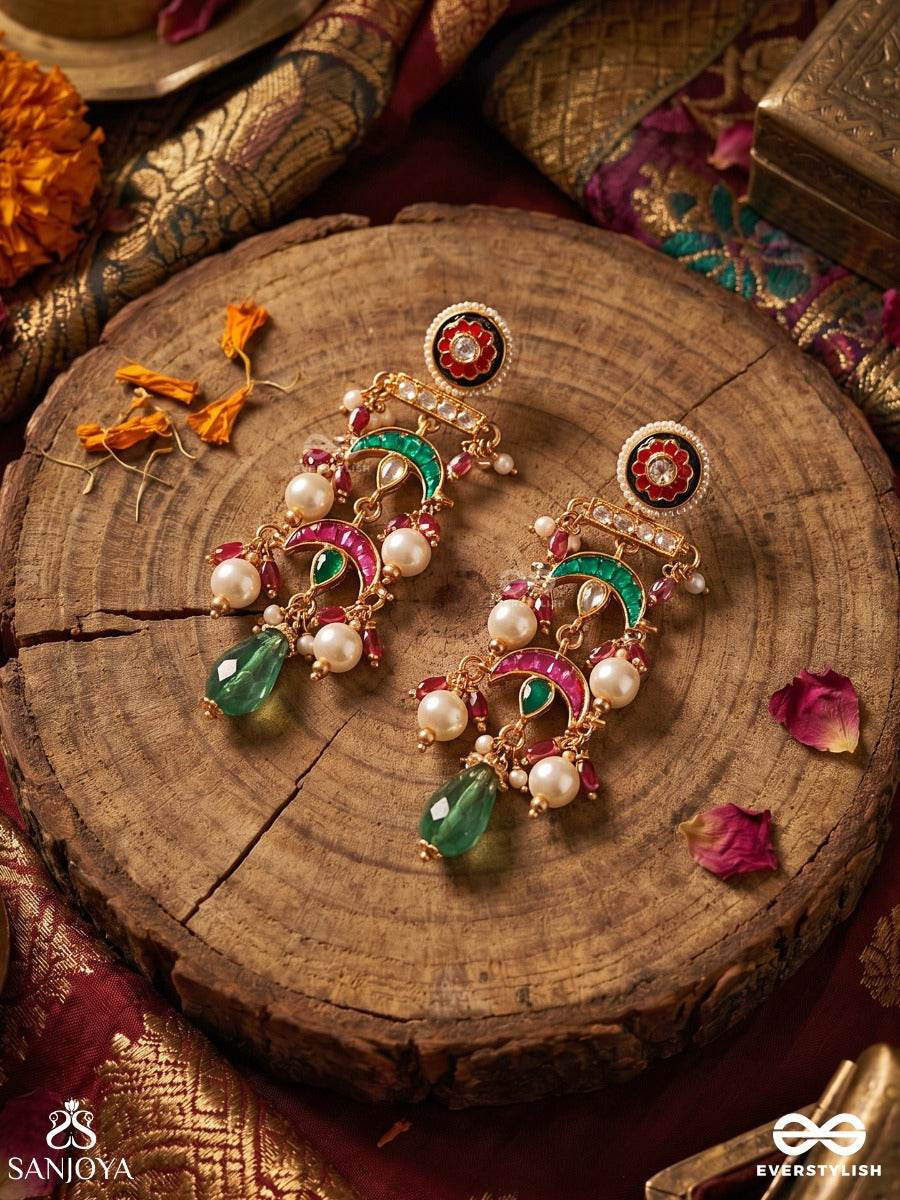Ishvarika - Celestial Ornament - Turquoise And Crimson Crescent Earrings With Meenakari Medallion And Pearl-Accented Gem Drops