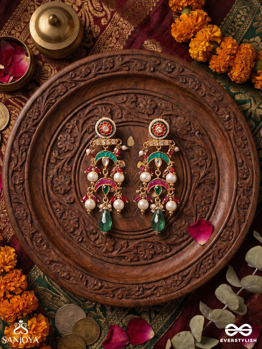 Ishvarika - Celestial Ornament - Turquoise And Crimson Crescent Earrings With Meenakari Medallion And Pearl-Accented Gem Drops