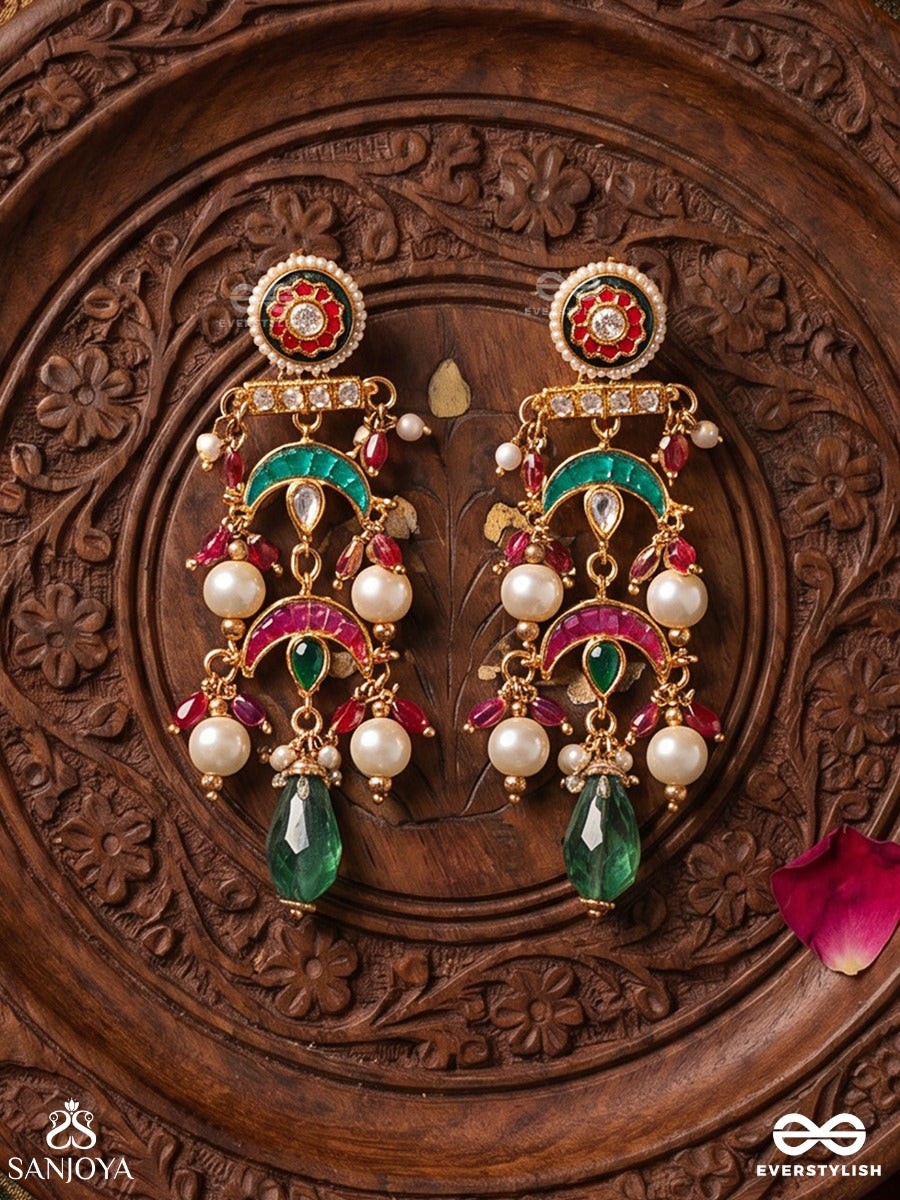 Ishvarika - Celestial Ornament - Turquoise And Crimson Crescent Earrings With Meenakari Medallion And Pearl-Accented Gem Drops