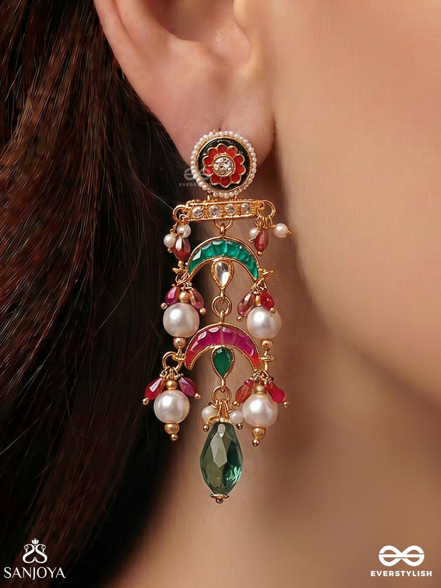 Ishvarika - Celestial Ornament - Turquoise And Crimson Crescent Earrings With Meenakari Medallion And Pearl-Accented Gem Drops