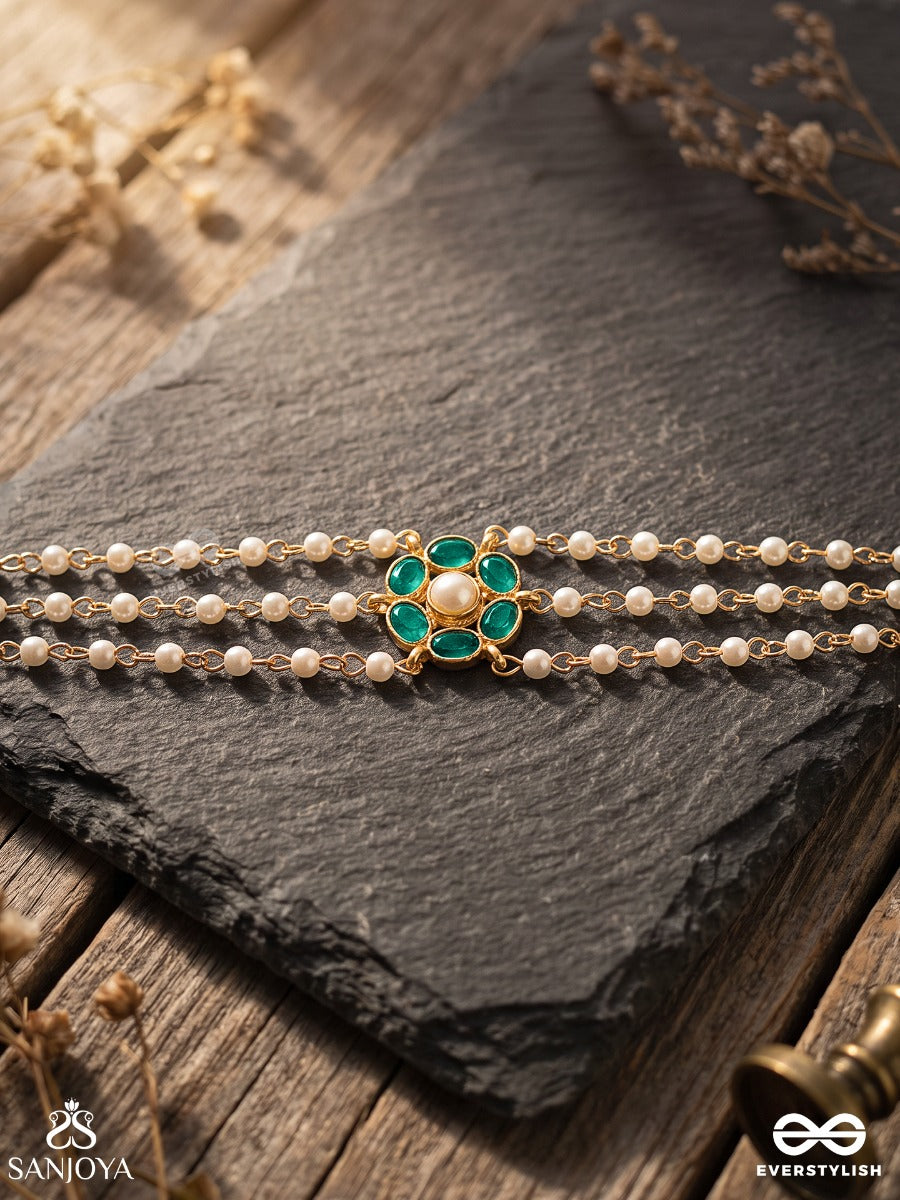 Marakatika - Ornament In Harmony - Three-Row Pearl Choker With Green Gem Centre Accent