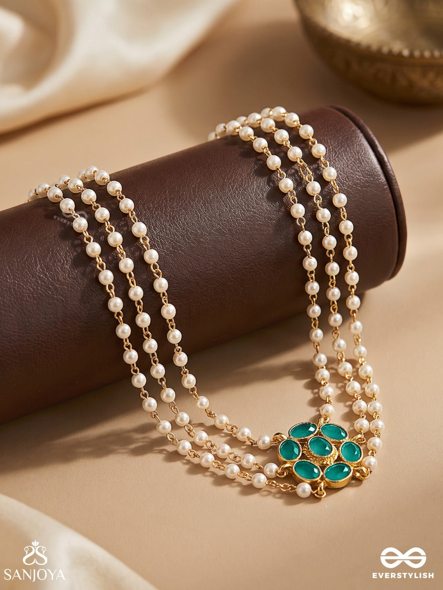 Marakatika - Ornament In Harmony - Three-Row Pearl Choker With Green Gem Centre Accent