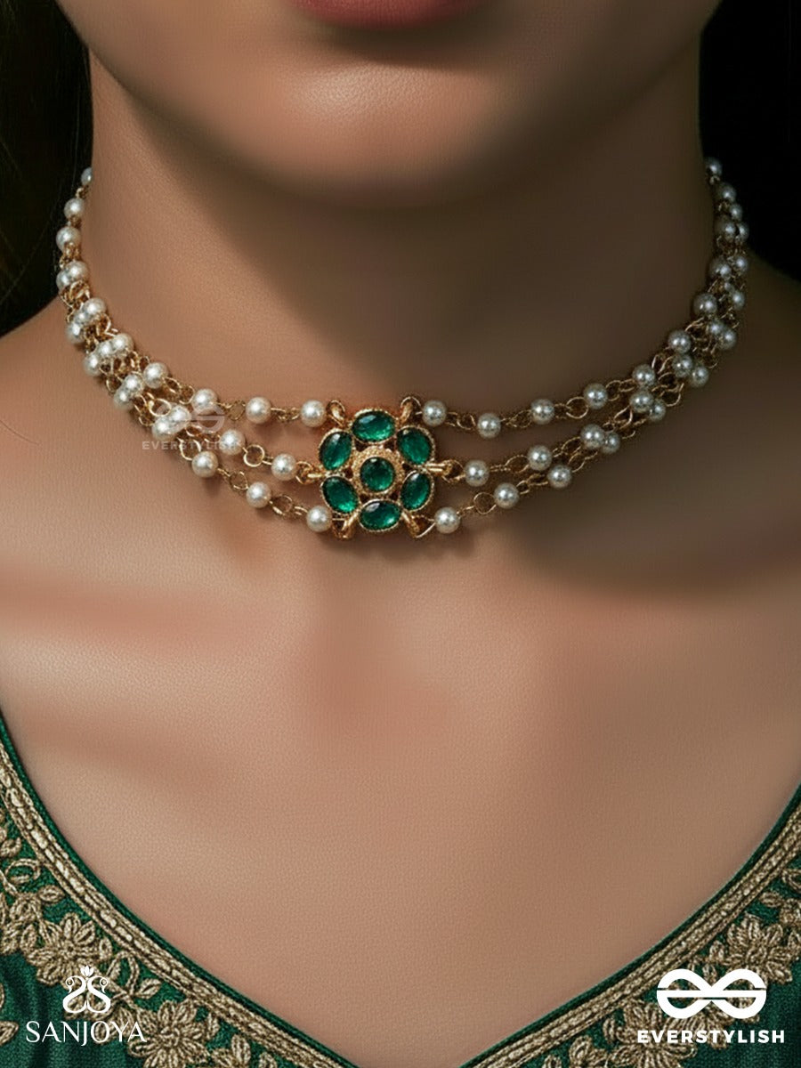 Marakatika - Ornament In Harmony - Three-Row Pearl Choker With Green Gem Centre Accent