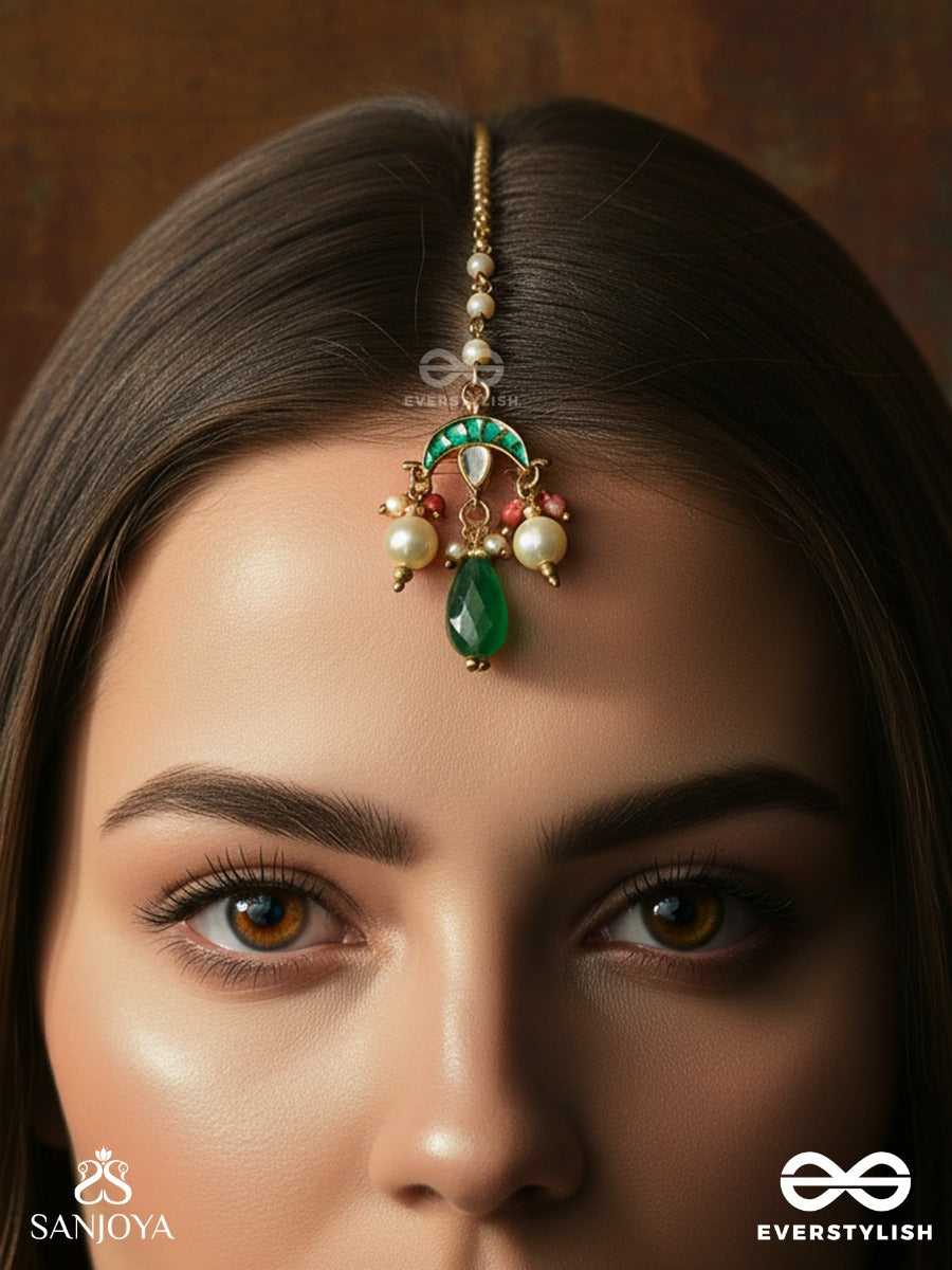 Ishvarika - Celestial Ornament - Turquoise Arc Maangtika With Enamel Disc Detail And Green Teardrop Finish