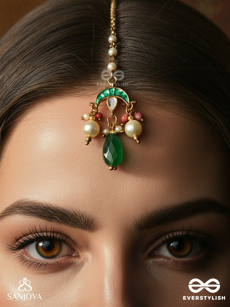 Ishvarika - Celestial Ornament - Turquoise Arc Maangtika With Enamel Disc Detail And Green Teardrop Finish