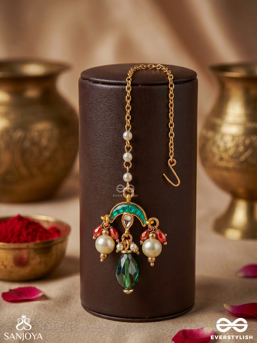 Ishvarika - Celestial Ornament - Turquoise Arc Maangtika With Enamel Disc Detail And Green Teardrop Finish