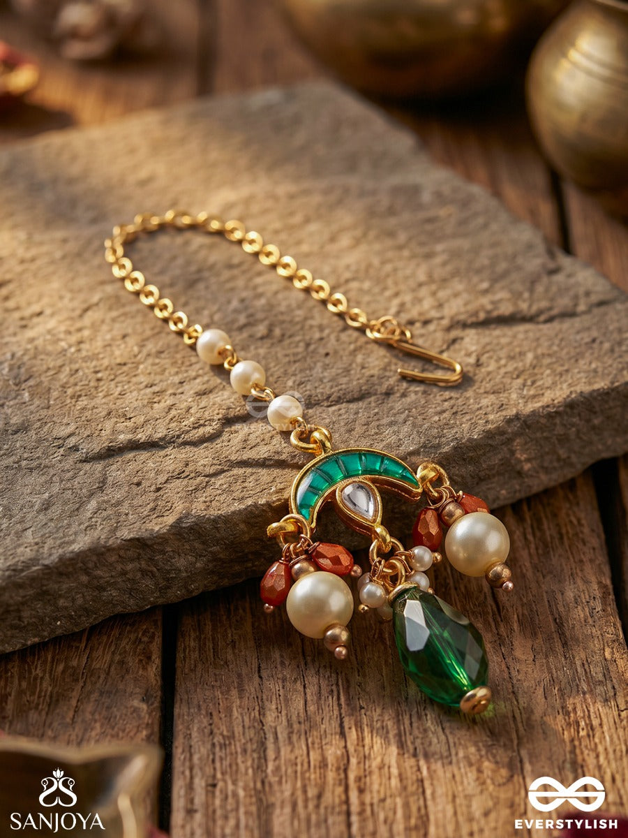Ishvarika - Celestial Ornament - Turquoise Arc Maangtika With Enamel Disc Detail And Green Teardrop Finish