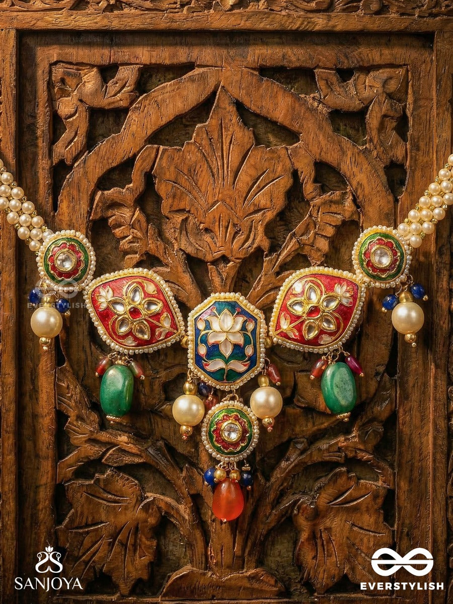Chitrarekha - Ornate Illustration - Pearl Layer Necklace With Floral Meenakari Motifs And Colourful Hangings
