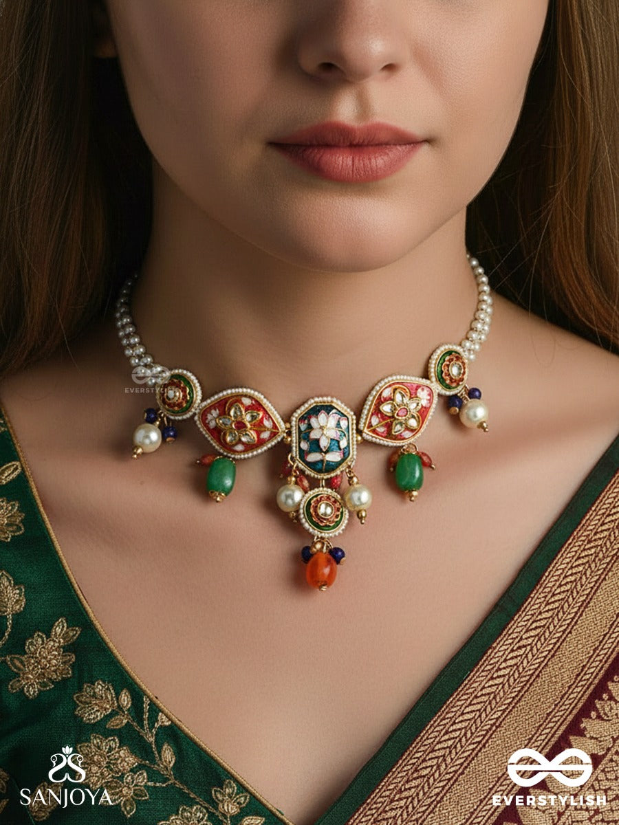 Chitrarekha - Ornate Illustration - Pearl Layer Necklace With Floral Meenakari Motifs And Colourful Hangings