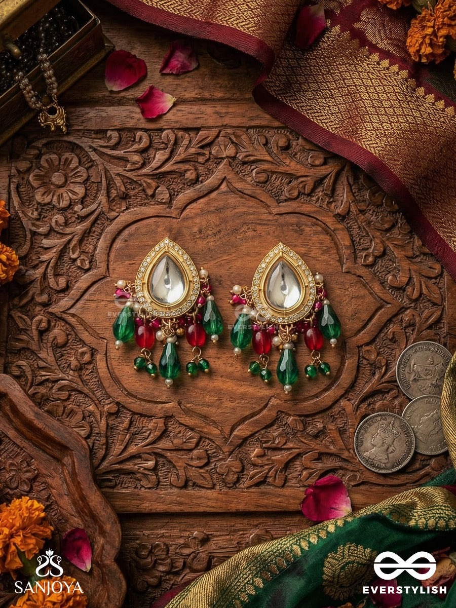 Maniprabha - Jewelled Radiance - Gold Framed Mirror Earrings With Multi-Hue Stone Cascade
